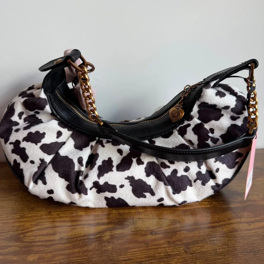 New Juicy Couture Romance Cow Hobo Shoulder Handbag Black Pink Bow Y2K Cute
